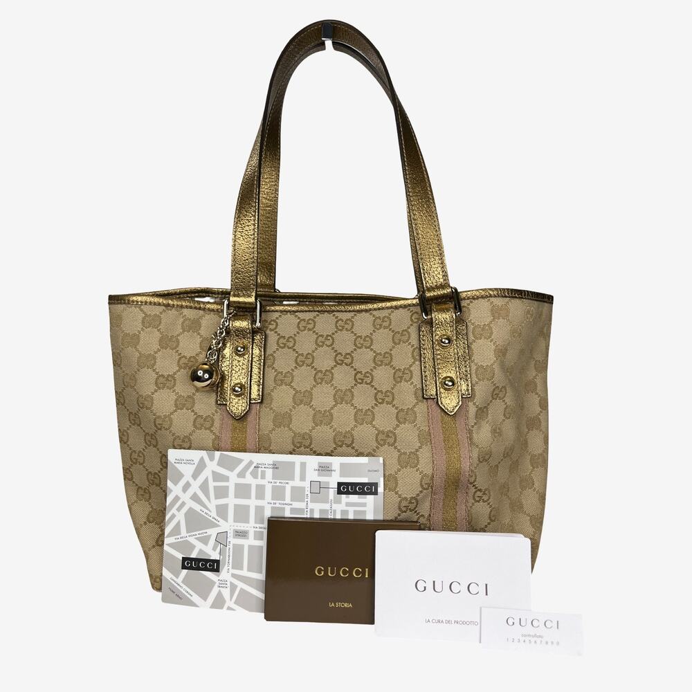 Gucci Jolicoeur GG Canvas Gold Leather Trim Tote Shoulder With Charm Cards Italy - Picture 7 of 15